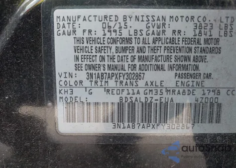 2015 Nissan Sentra Sv from USA, damaged, VIN 3N1AB7APXFY302867